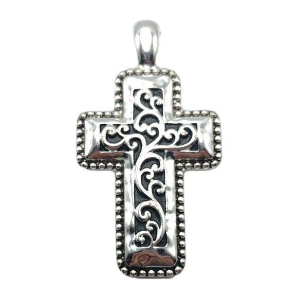 Gorgeous Silver Stainless Black Enameled Southwestern Filigree Cross Pendant 21g - Picture 1 of 6